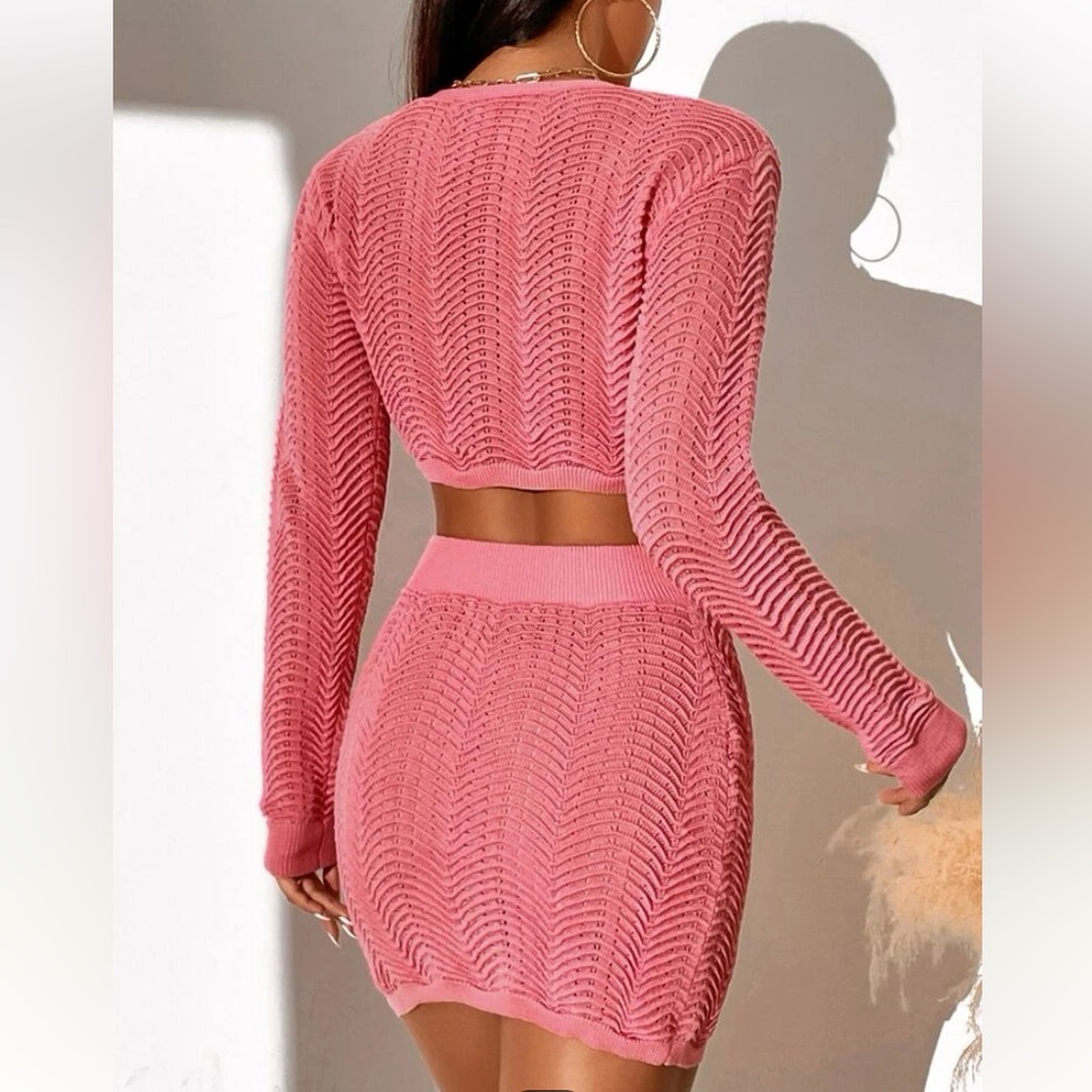 Lace Up Front Crop Sweater & Textured Knit Skirt